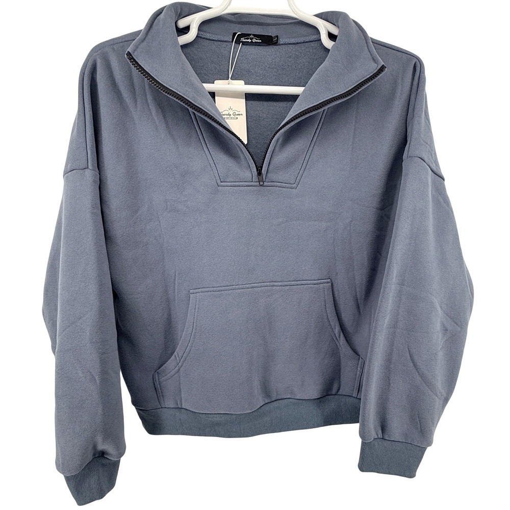 Trendy Queen Pullover Women L Blue Grey Quarter Zip Fleece Pocket Casual
